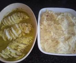 Frango com mostarda e mel com puré com bacon