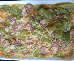 arroz com linguiça calabresa e ervilhas