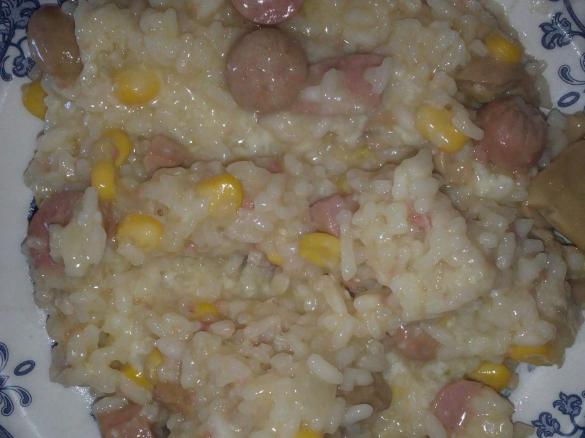Risotto de cogumelos, milho e salsicha
