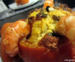 Souflé de bacalhau com camarão na abóbora