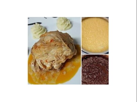 Frango de cerveja com puré  e 2  sobremesas pudim de Coco e pudim de chocolate