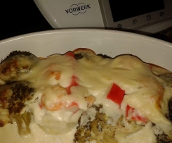 Pescada gratinada com camarão e delicias do mar