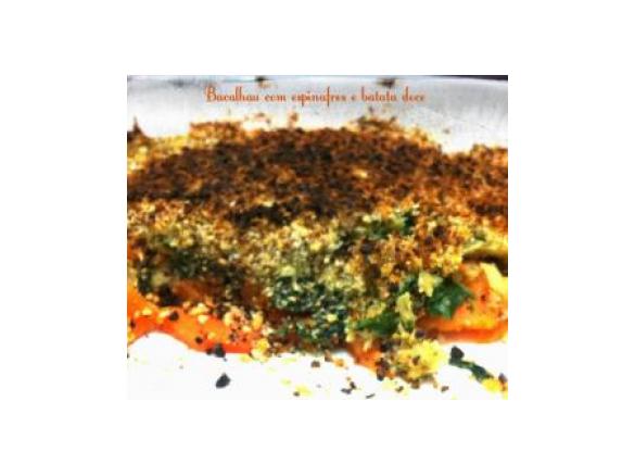 Bacalhau com espinafres, batata doce, broa e avelã