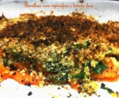 Bacalhau com espinafres, batata doce, broa e avelã