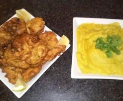 Pataniscas de feijão frade com puré de nabo e batata doce