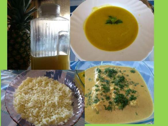 Sopa de legumes, arroz basmati e lombos de pescada com molho de caril