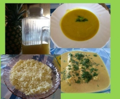 Sopa de legumes, arroz basmati e lombos de pescada com molho de caril