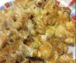 Massa gratinada com alheira e cogumelos