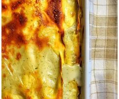 Lasanha de bacalhau, espinafres e camarão