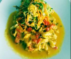 Spaghetti de Curgete e cenoura com bacalhau e açafrão