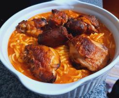 Coxinhas de frango guisadas com linguine e chouriço