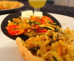 Quiche de Alheira com Juliana de Legumes Salteados, coberto com Crosta de Broa (alho e salsa)