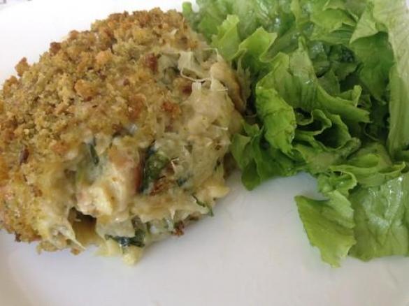 Bacalhau cremoso com espinafres e camarão