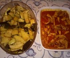 Cebolada de porco com batatas e curgetes assadas