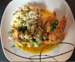 Carne à portuguesa com gambas e arroz de coentros
