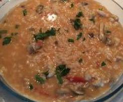 Risoto de camarão com cogumelos brancos