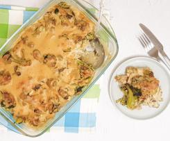 Caçarola de frango com cogumelos e bróculos, com molho de caju e côco