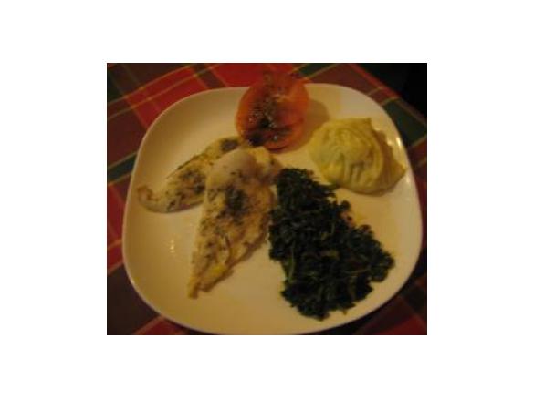 Filetes c/ tomilho limão e Puré de batata c/ Grelos salteados