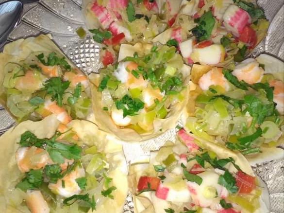 Cestinhos de alho francês e delicias do mar