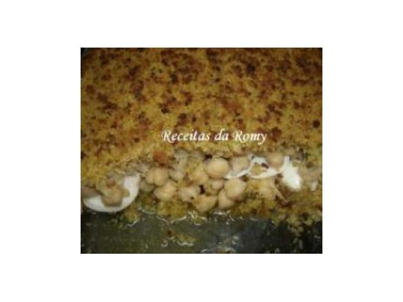 Bacalhau no forno com grão e crosta de broa 