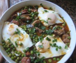 Ervilhas com ovos escalfados e entrecosto 